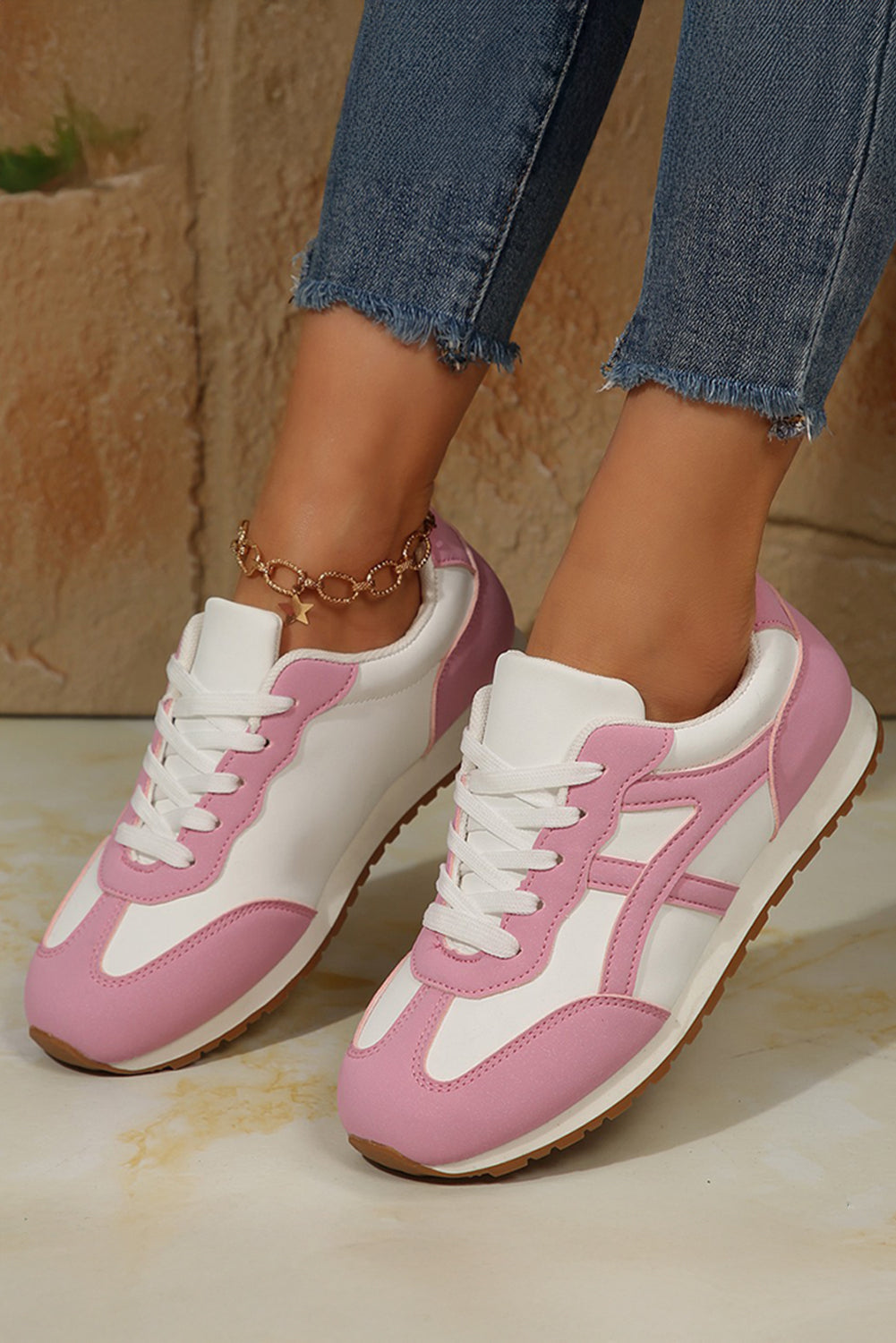 Pink Contrast Lace Up Round Toe Sneakers
