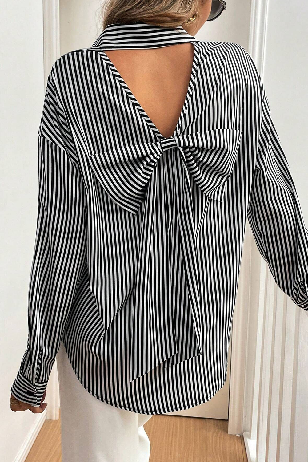Black White Striped Button Down Bow Back Long Sleeve Shirt