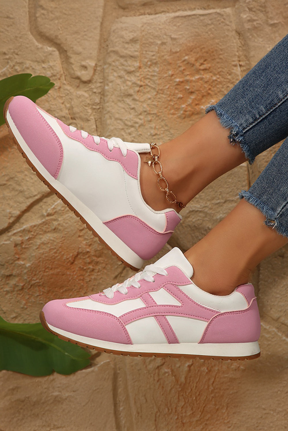 Pink Contrast Lace Up Round Toe Sneakers