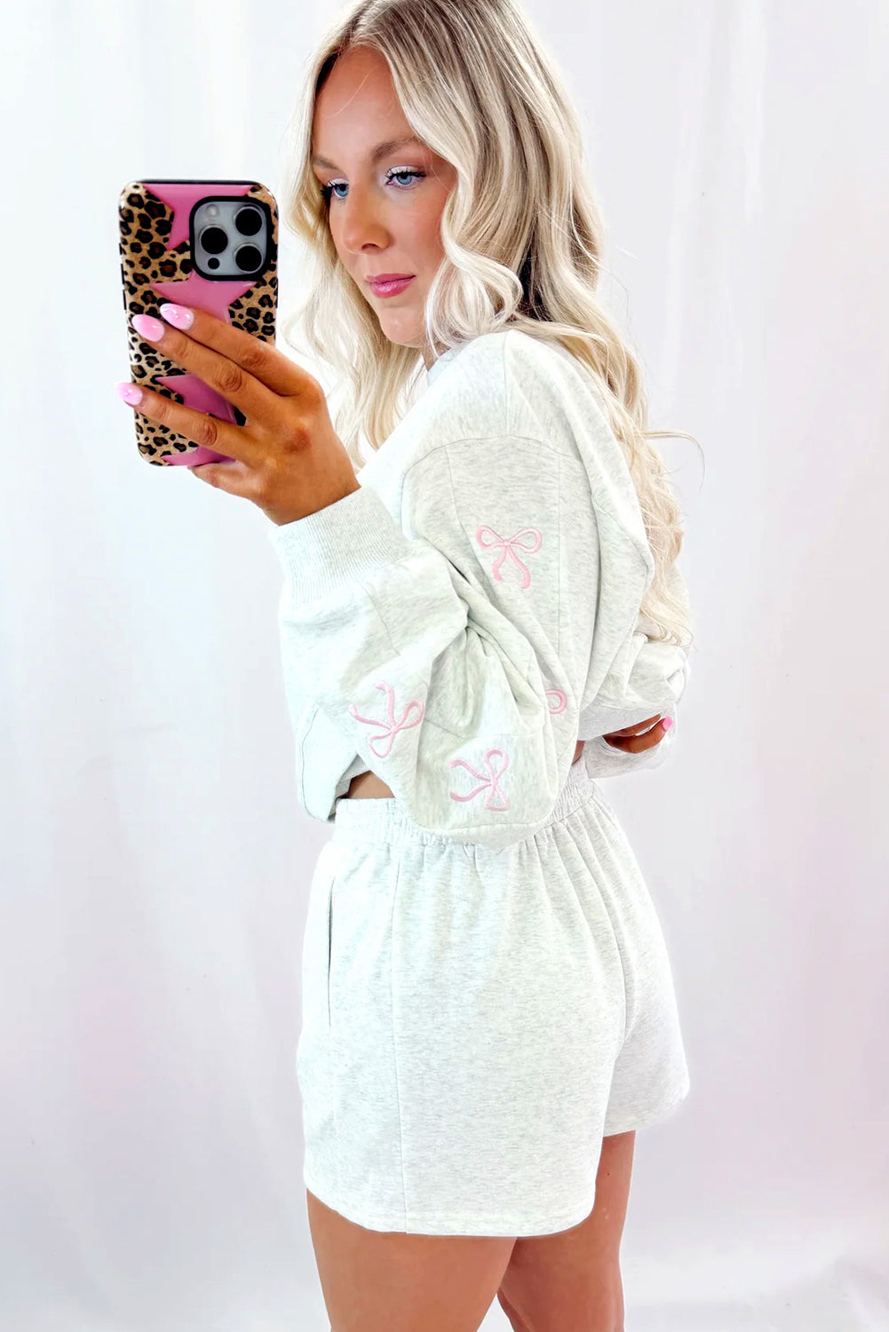 Light Grey Bow Embroidery Long Sleeve Pullover and High Waist Shorts Set