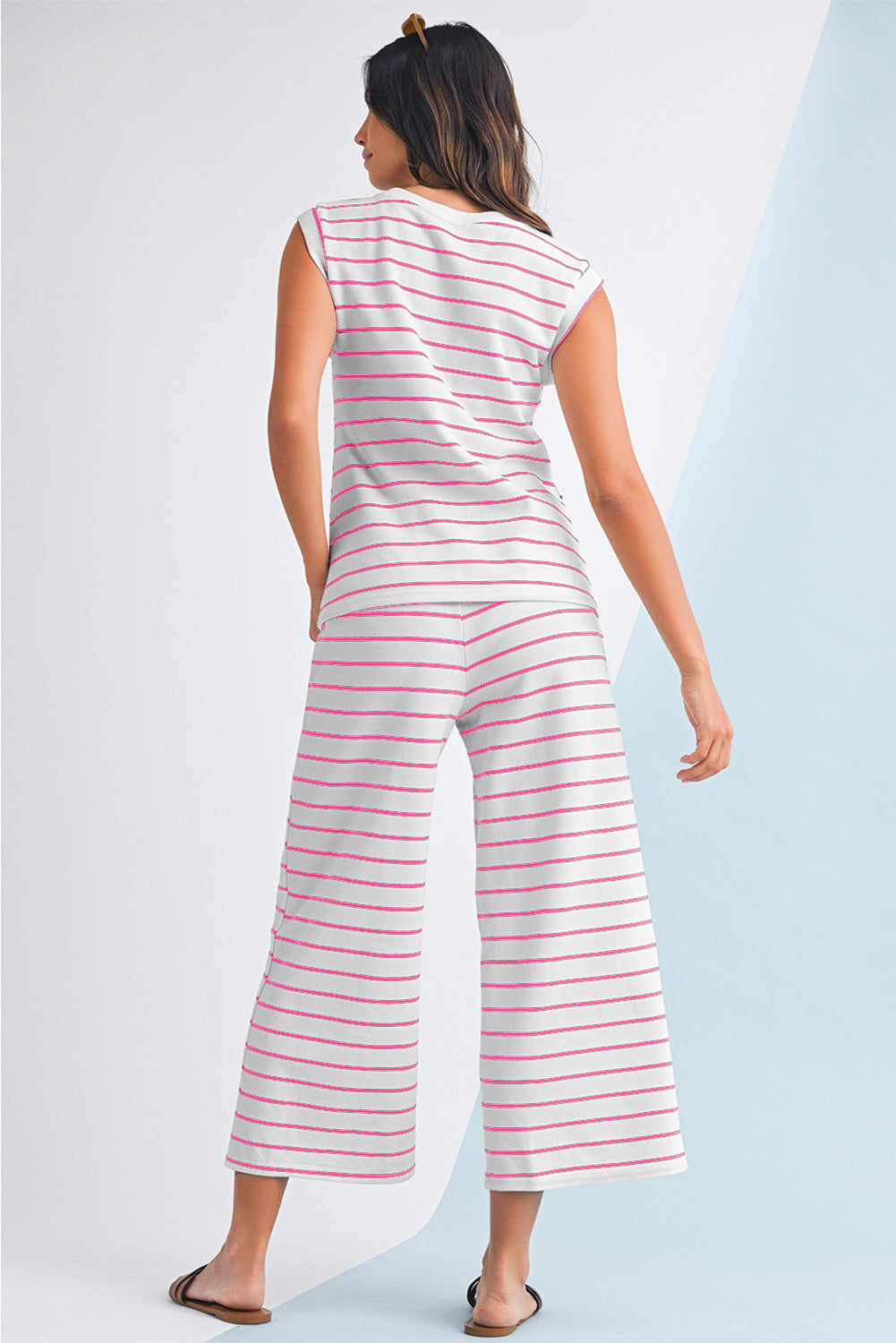 Rose Stripe Casual  Tee and Wide Leg Pants Set