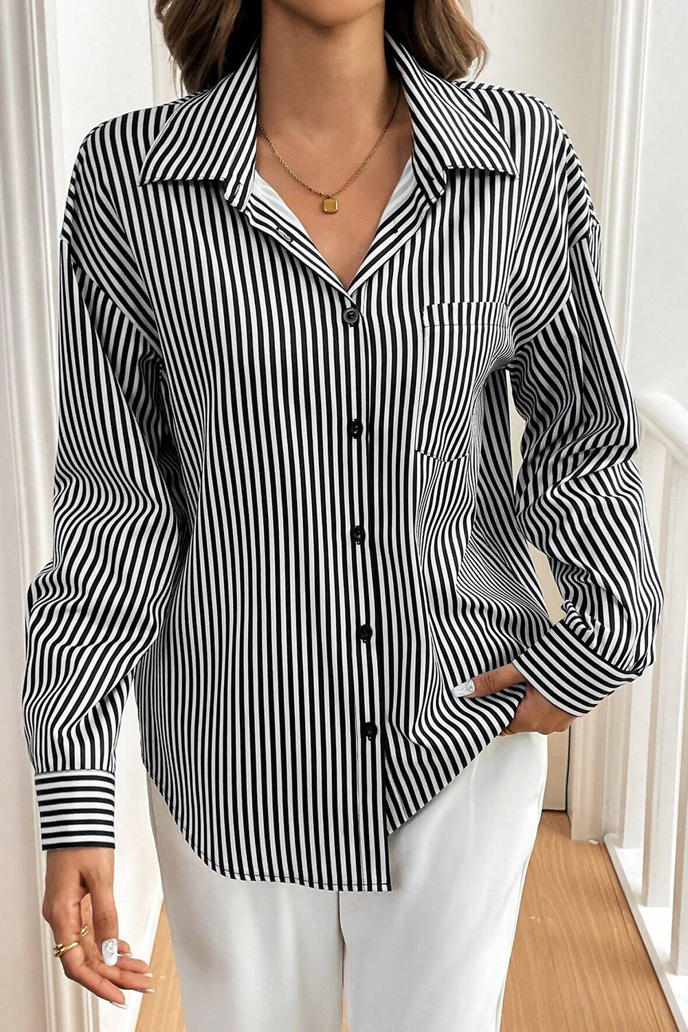 Black White Striped Button Down Bow Back Long Sleeve Shirt