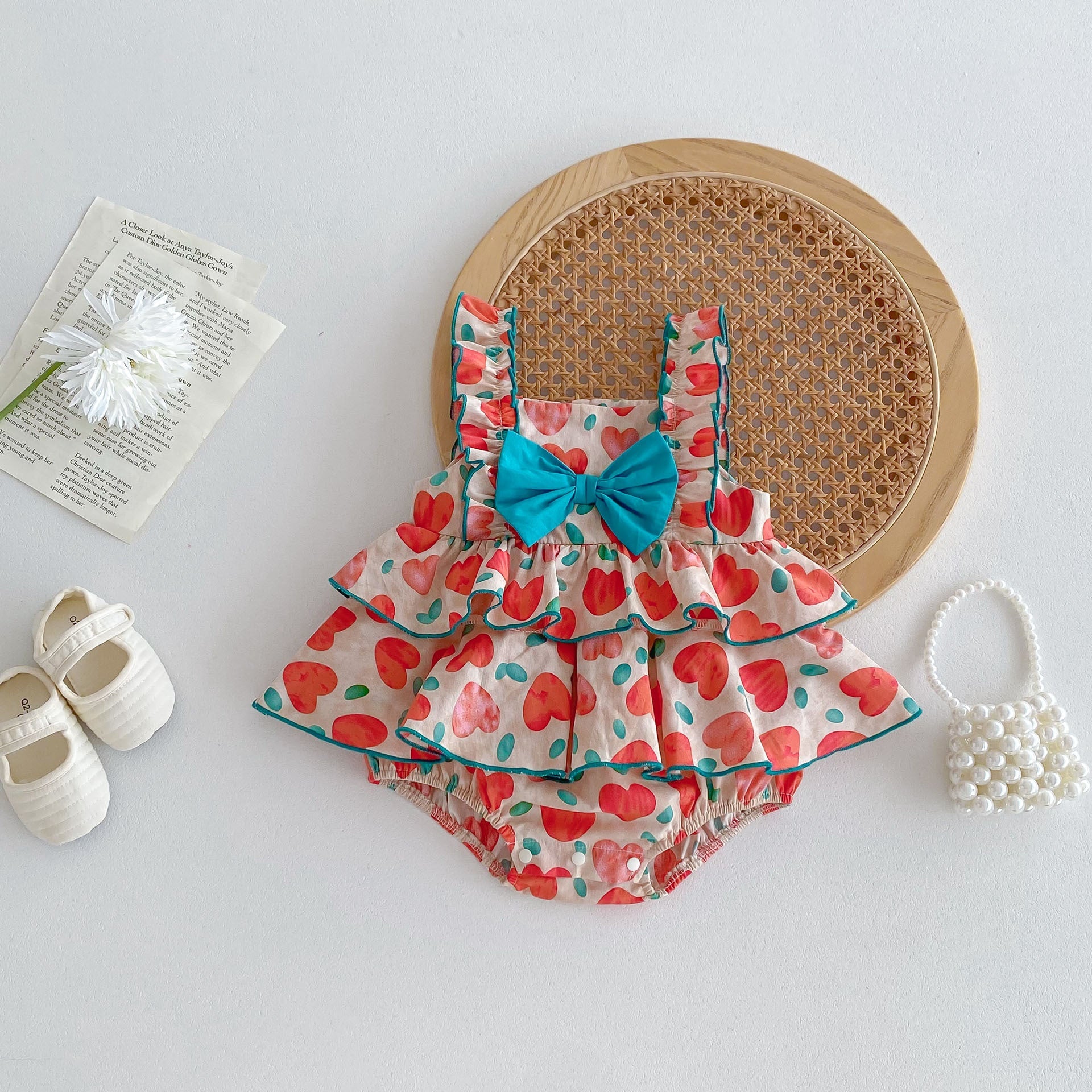 New Arrival Summer Baby Kids Girls Heart Pattern Sleeveless Big Bow Strap Onesies-0