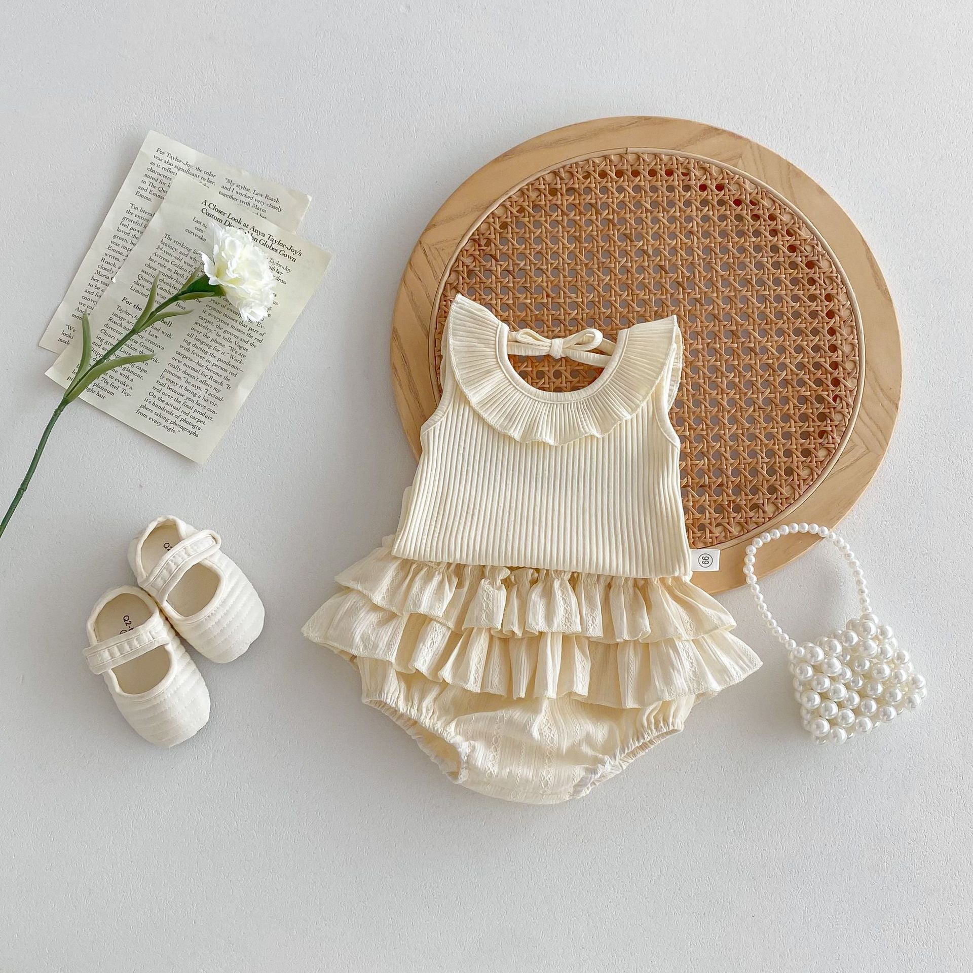 Summer Baby Kids Girls Solid Color Sleeveless Ruffle Collar Vest And Skirt Clothing Set-0