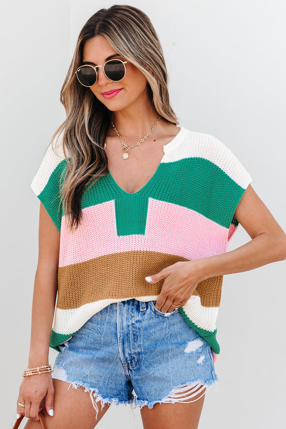 Multicolour Color Block Notch V Neck Sweater T Shirt