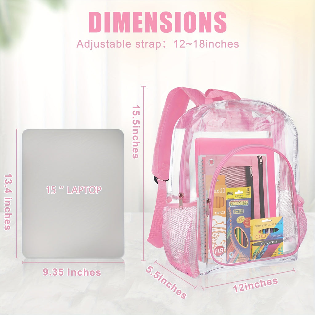 Back To School Supplies For Kids, Clear Backpack With 65 Piece School Supply Kit For Grades K-5 Boys And Girls, Bulk School Stationery Set For Classroom Elementary, Middle School Students (Pink)