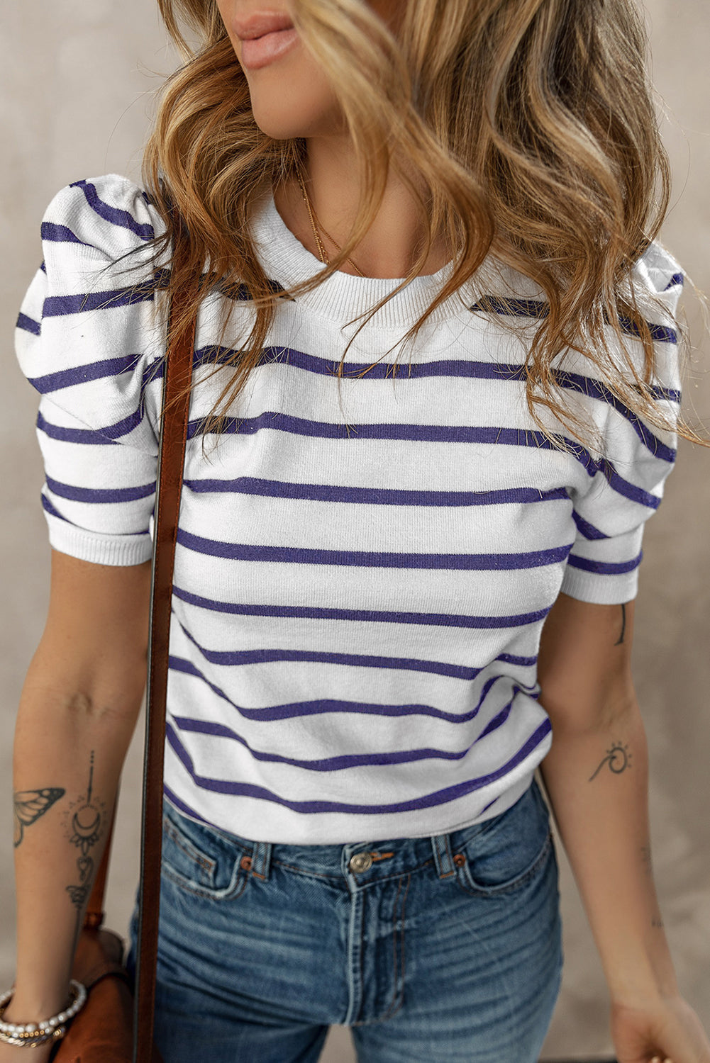 Blue Stripe Ribbed Trim Round Neck Bubble Sleeve Knitted Top