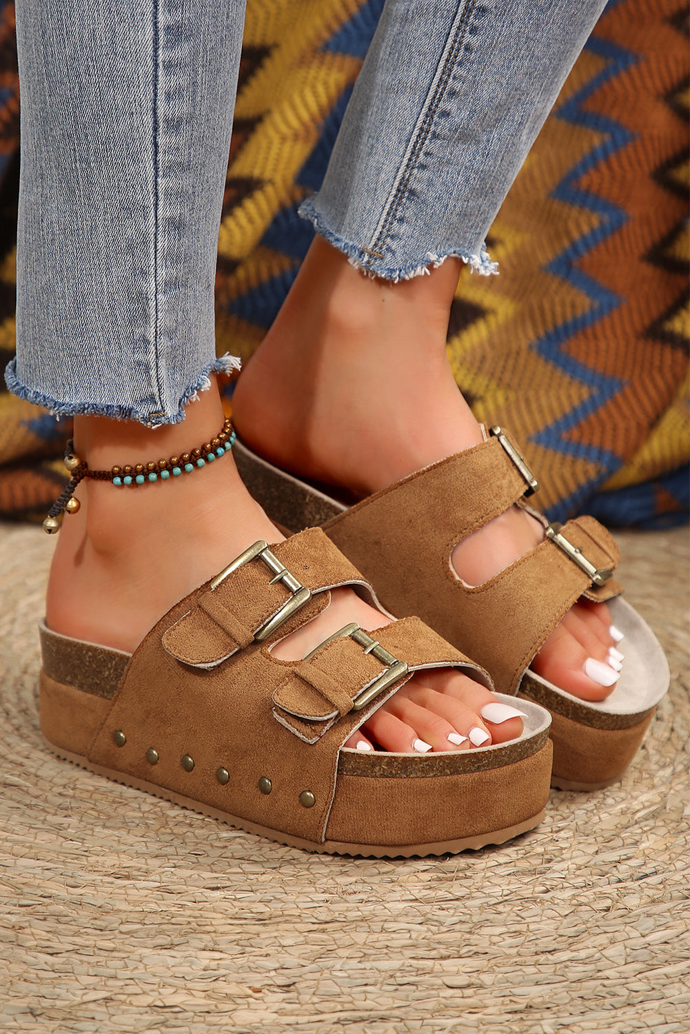 Chestnut Suede Buckle Corky Platform Slides Shoes
