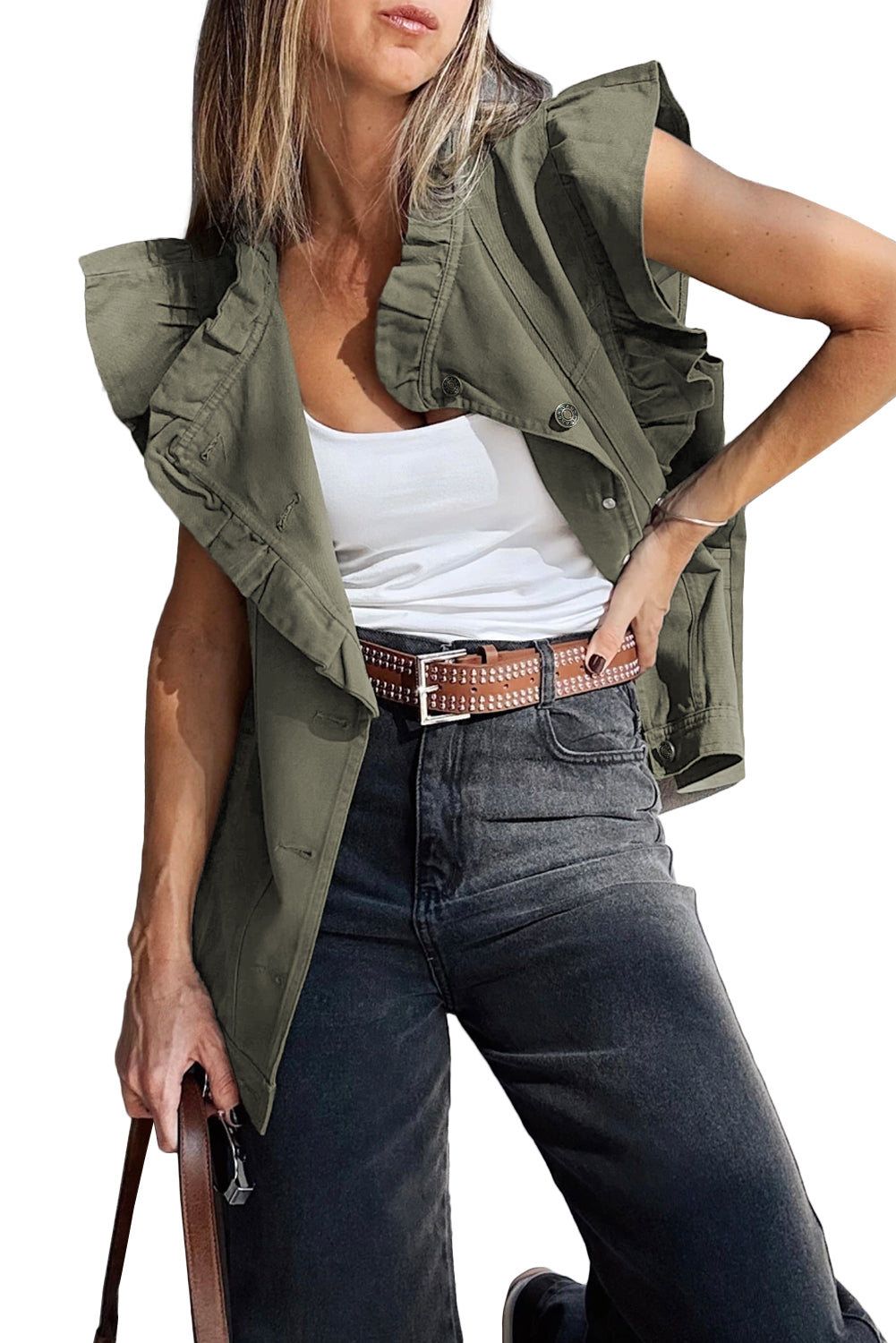 Green Bay Ruffle Plain Denim Jacket Vest