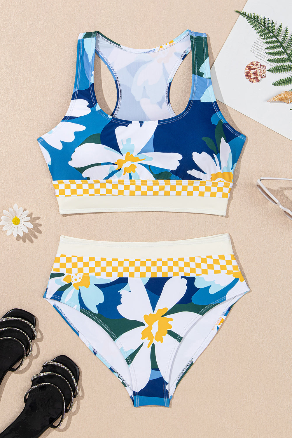 Green Floral Print Racerback High Waist Bikini Swimwear