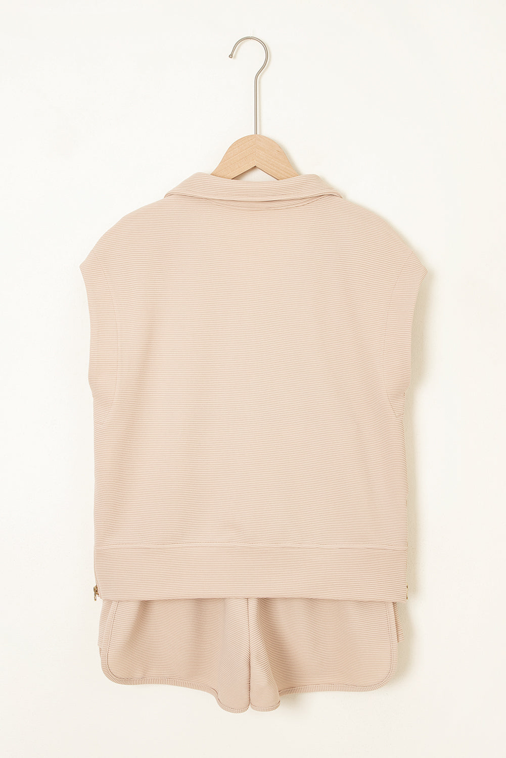 Parchment Textured Half Zip Kangaroo Pocket Top Drawstring Shorts Set