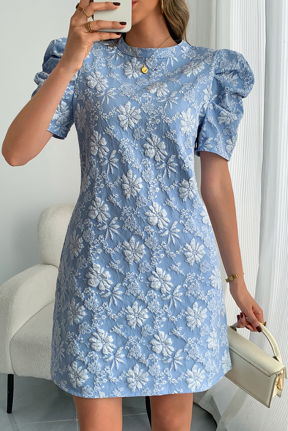 Sky Blue Floal Jacquard Elegant Mini Dress