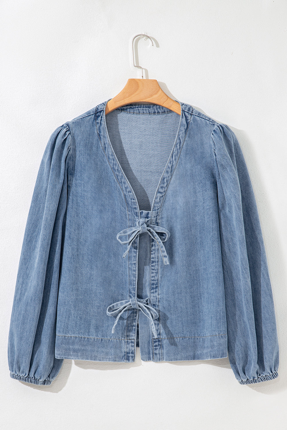 Dusk Blue Bow Tie Front Puff Sleeve Denim Top