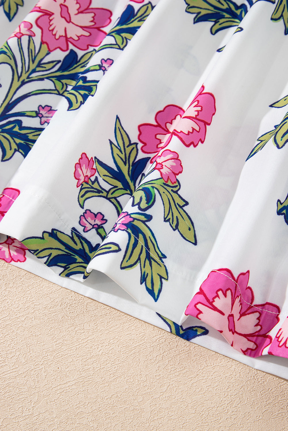 White Floral Print Knot Bubble Sleeve V Neck Blouse