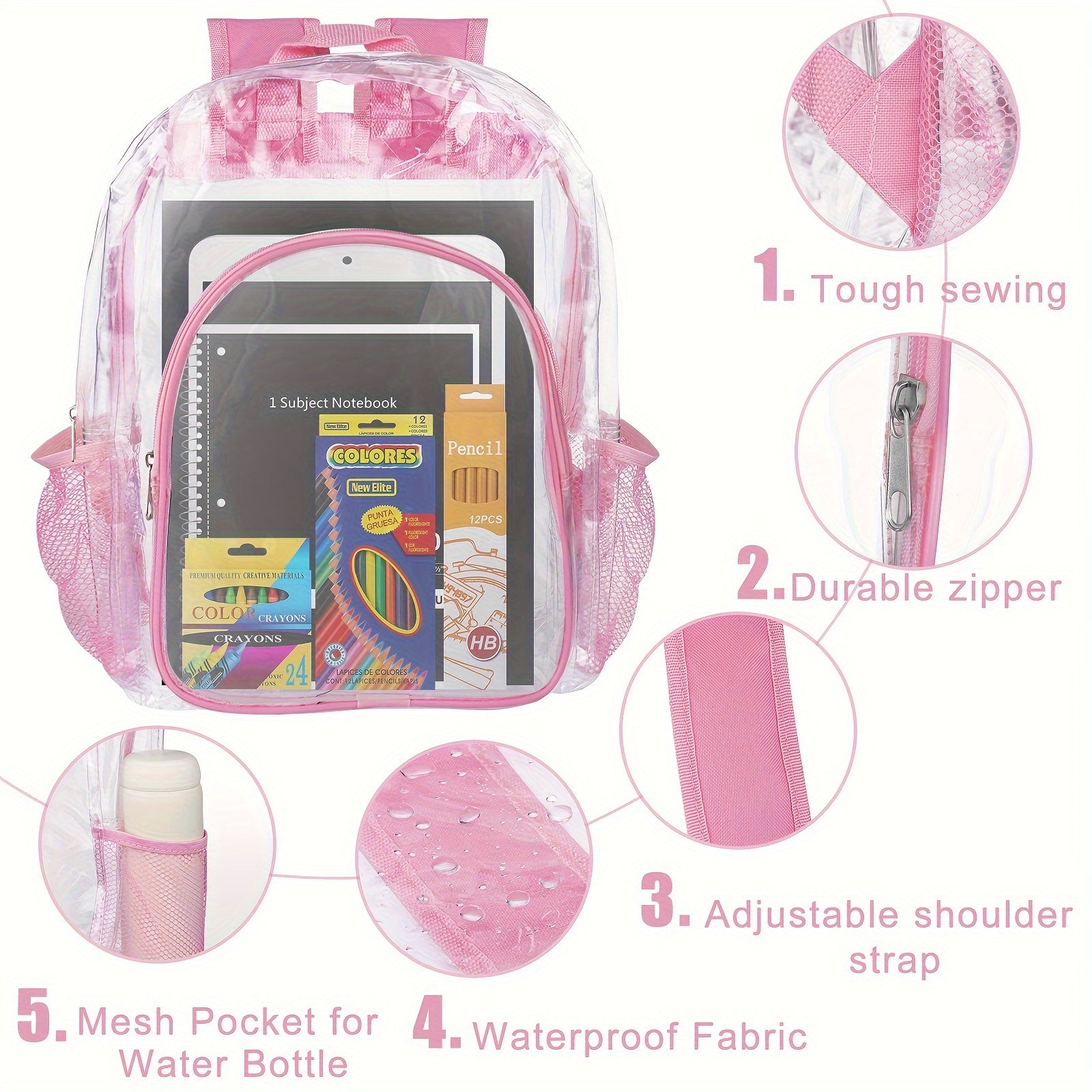 Back To School Supplies For Kids, Clear Backpack With 65 Piece School Supply Kit For Grades K-5 Boys And Girls, Bulk School Stationery Set For Classroom Elementary, Middle School Students (Pink)