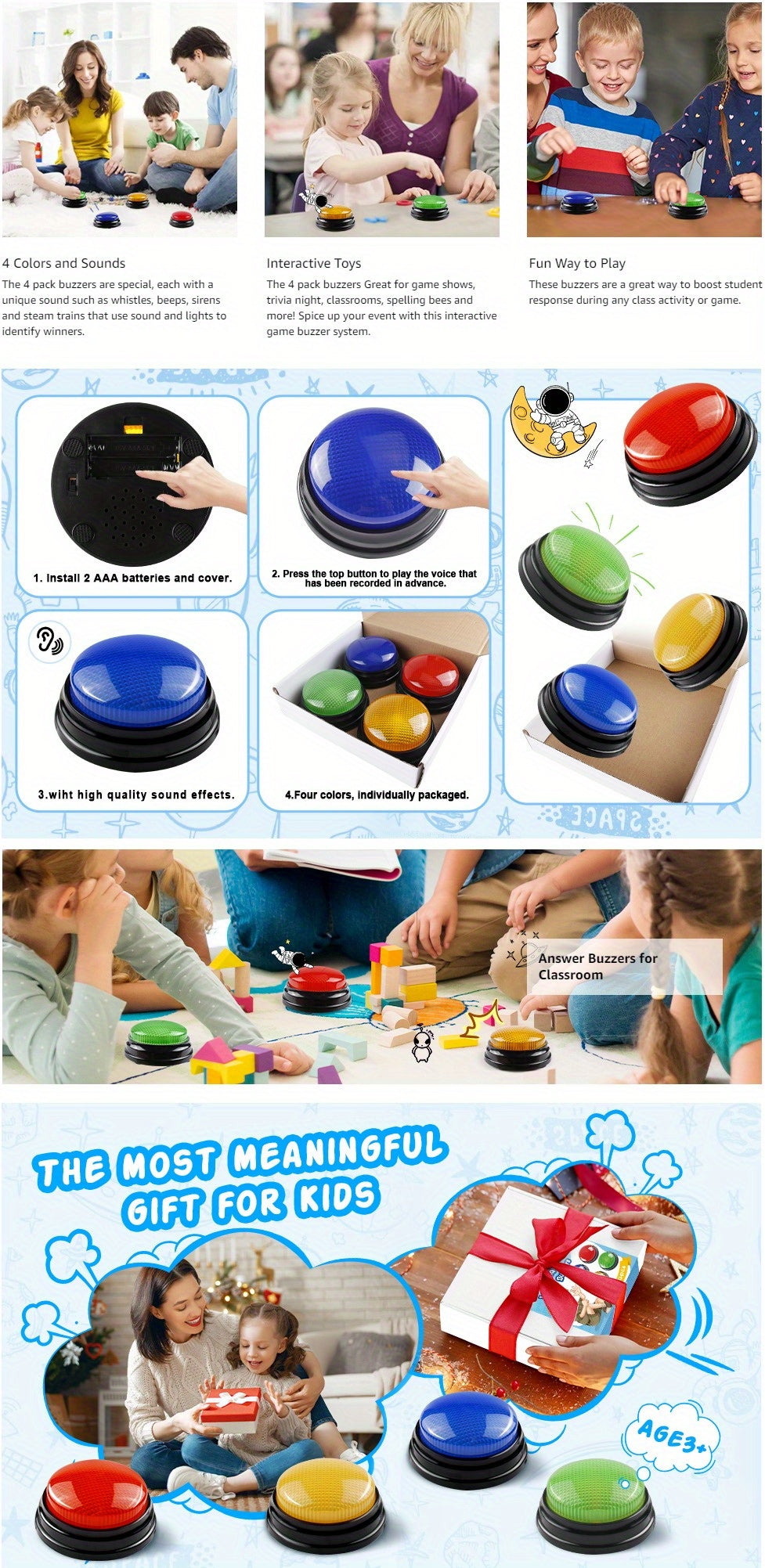 Lights and Sounds Buzzers, 4pcs Game Show and Classroom Buzzers, Family Game Night, Game Show Buzzers, Classroom Accessories, Stocking Stuffers for Kids, As Halloween, Chrismas Gift