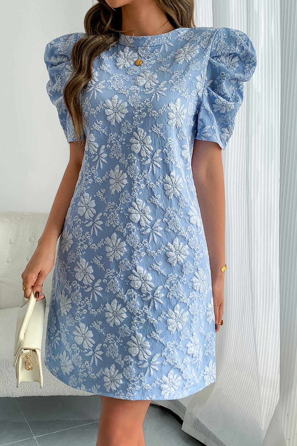 Sky Blue Floal Jacquard Elegant Mini Dress