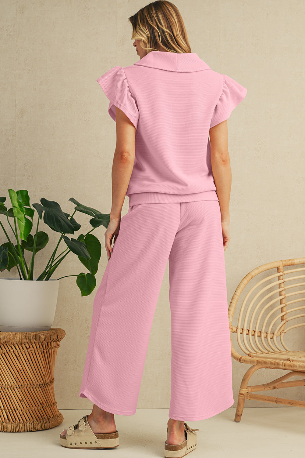 Pink Textured Ruffle Sleeve Zipped Top and Wide Leg Pants Set