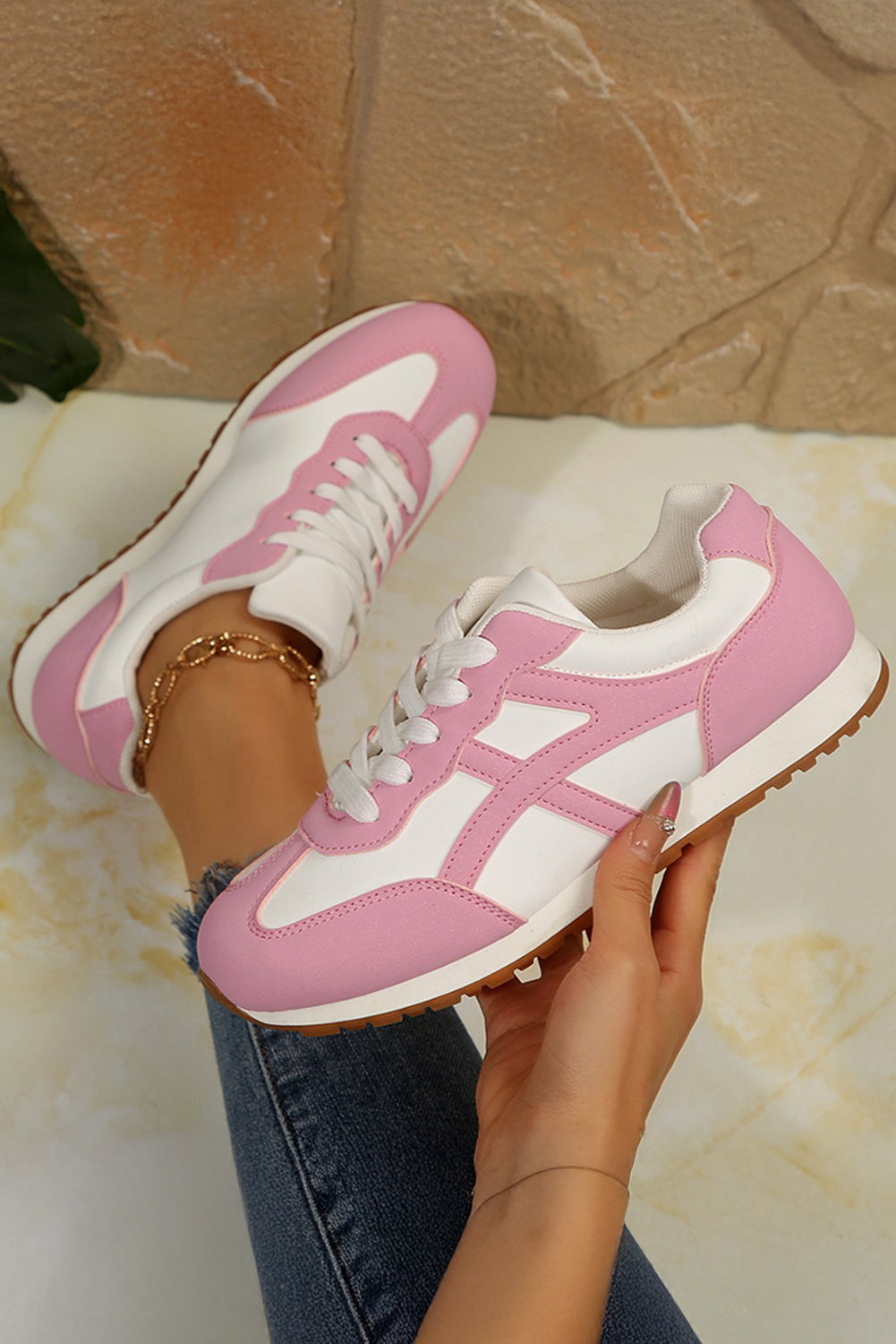 Pink Contrast Lace Up Round Toe Sneakers