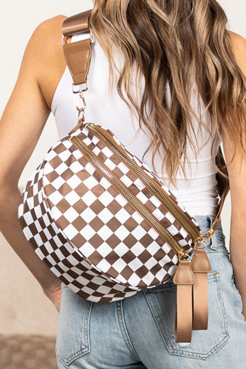 Chestnut Checkered Print Wide Strap Large Crossbody Bag