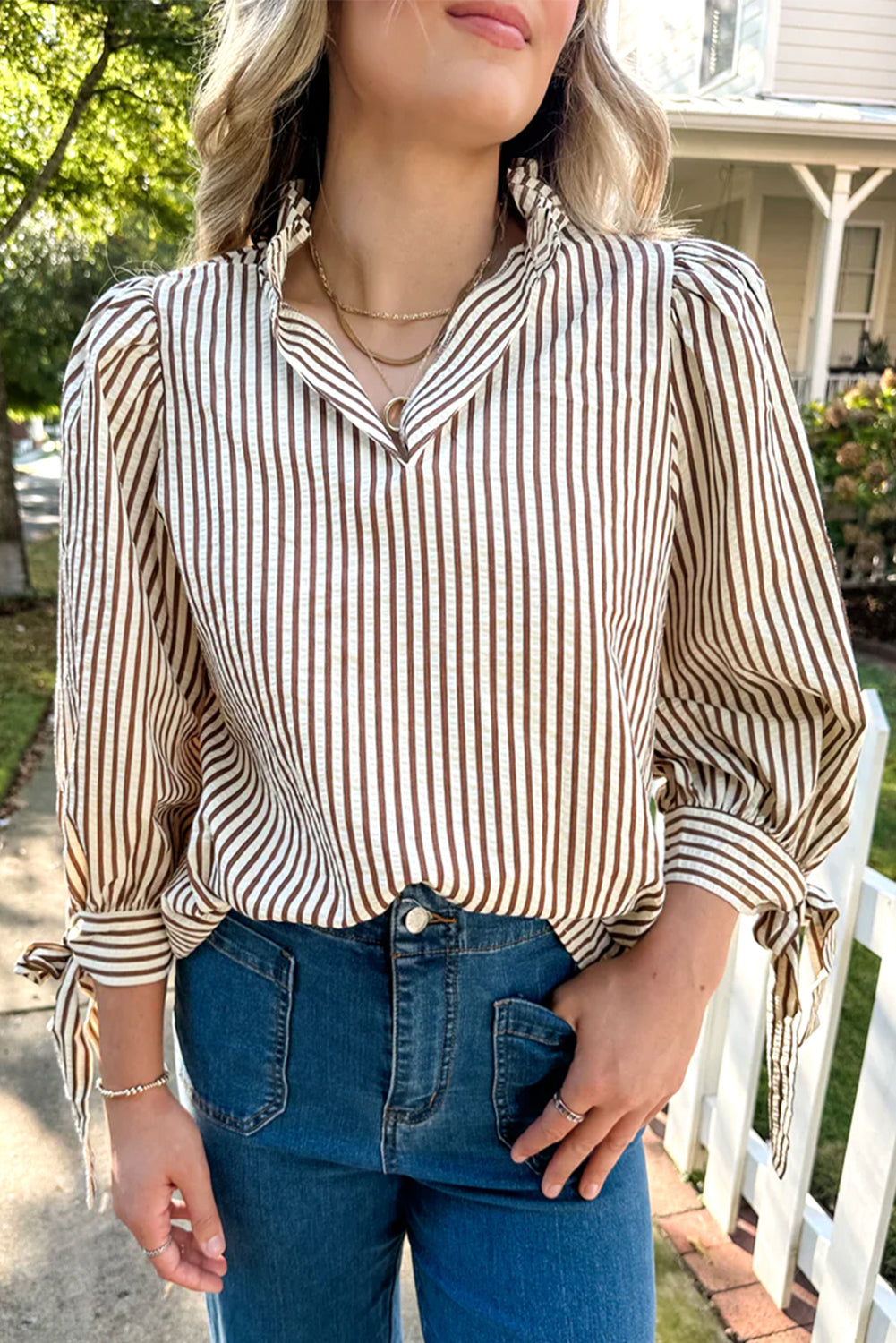 Straw Yellow Striped Frill V Neck Knot Bracelet Sleeve Blouse