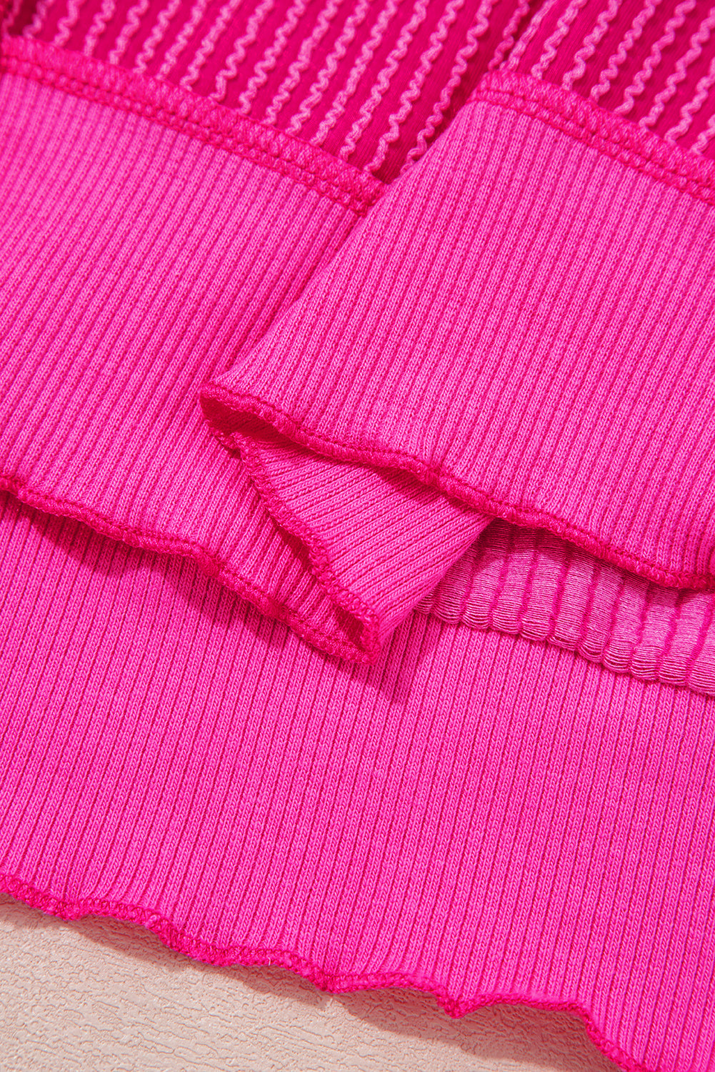 Strawberry Pink Twisted Ribbed Seamed Patchwork Long Sleeve Top