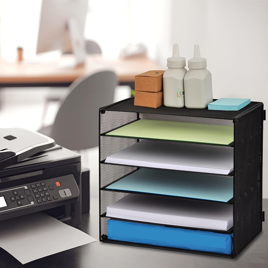 6-Tier Large Capacity Mesh Desk Organizer - File Sorters with Paper Letter Folder Holder, Desktop Paper Sorter, Mail Organization Rack, and Storage Accessories for Office, Home, School, and Classroom, in Black Color