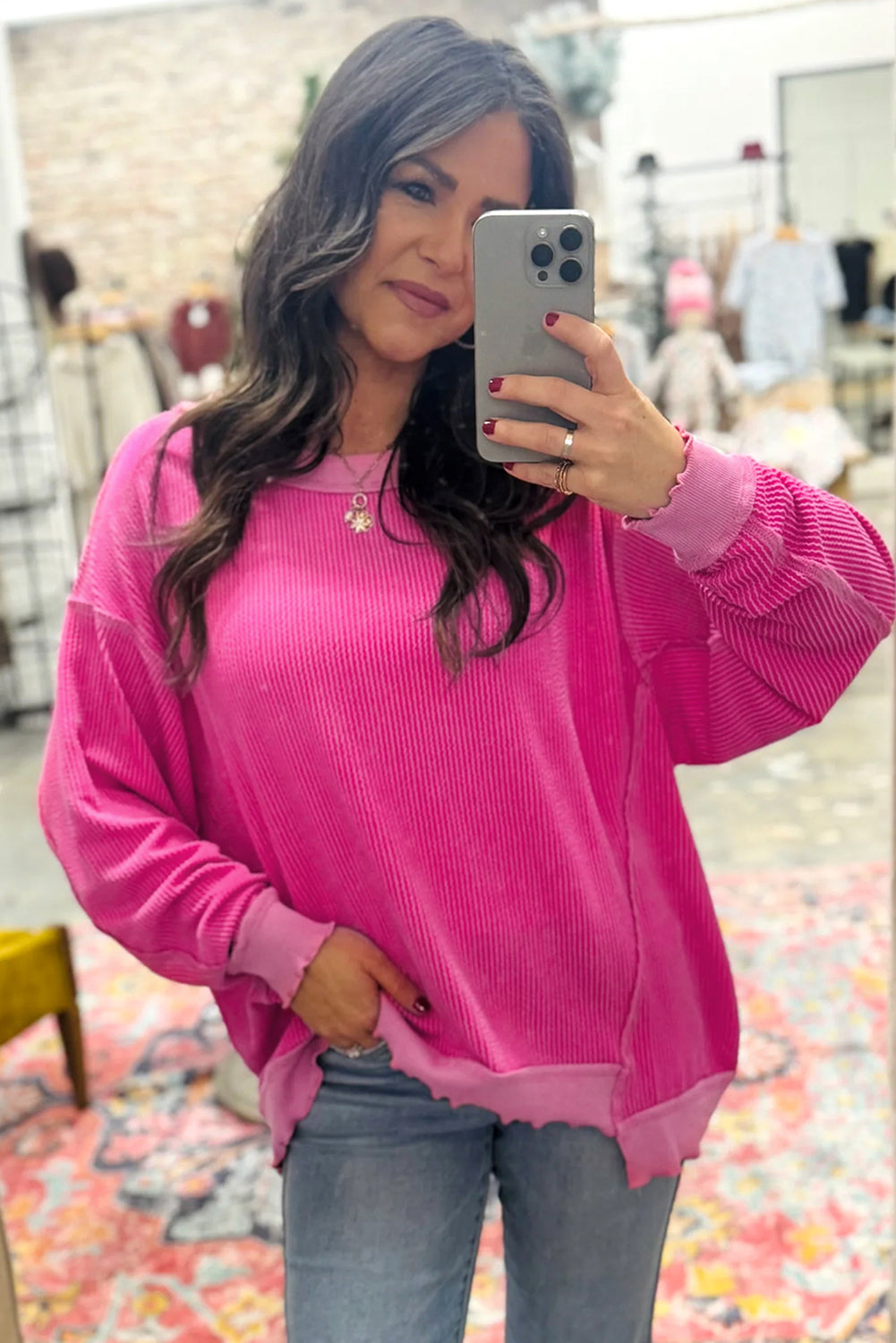 Strawberry Pink Twisted Ribbed Seamed Patchwork Long Sleeve Top