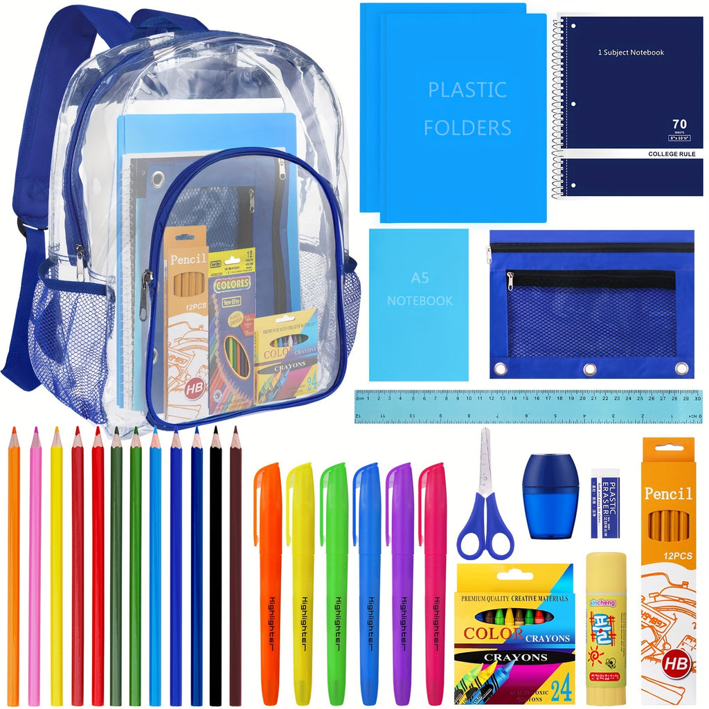 Back To School Supplies For Kids, Clear Backpack With 65 Piece School Supply Kit For Grades K-5 Boys And Girls, Bulk School Stationery Set For Classroom Elementary, Middle School Students (blue)