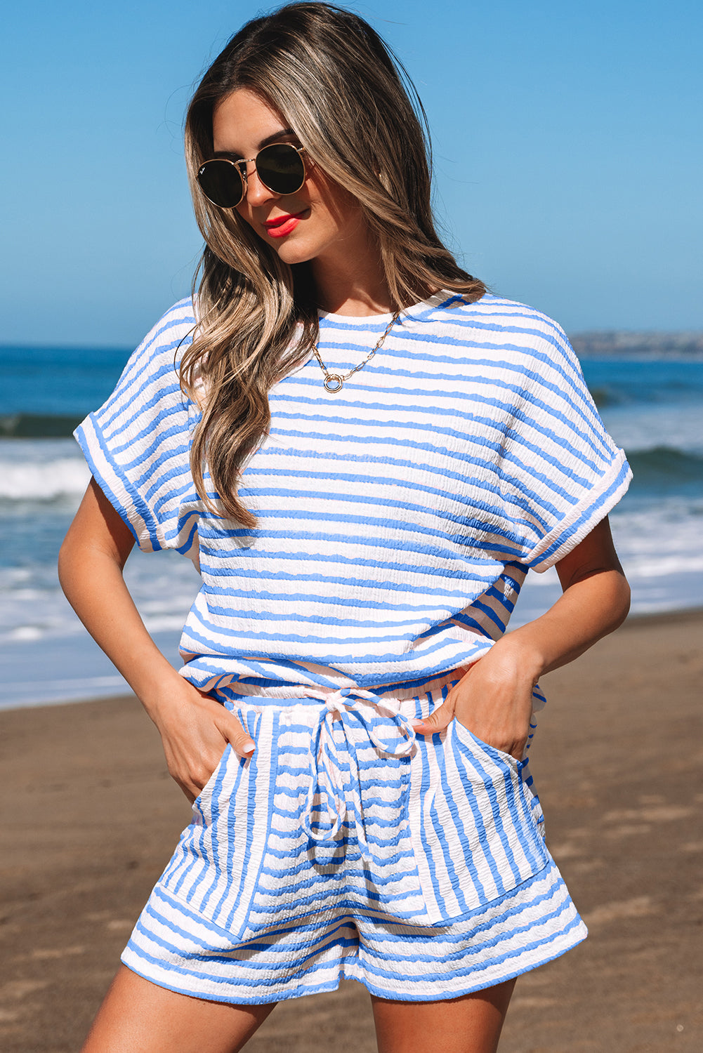Sky Blue Stripe Knitted Short Sleeve Top and Drawstring Shorts Set