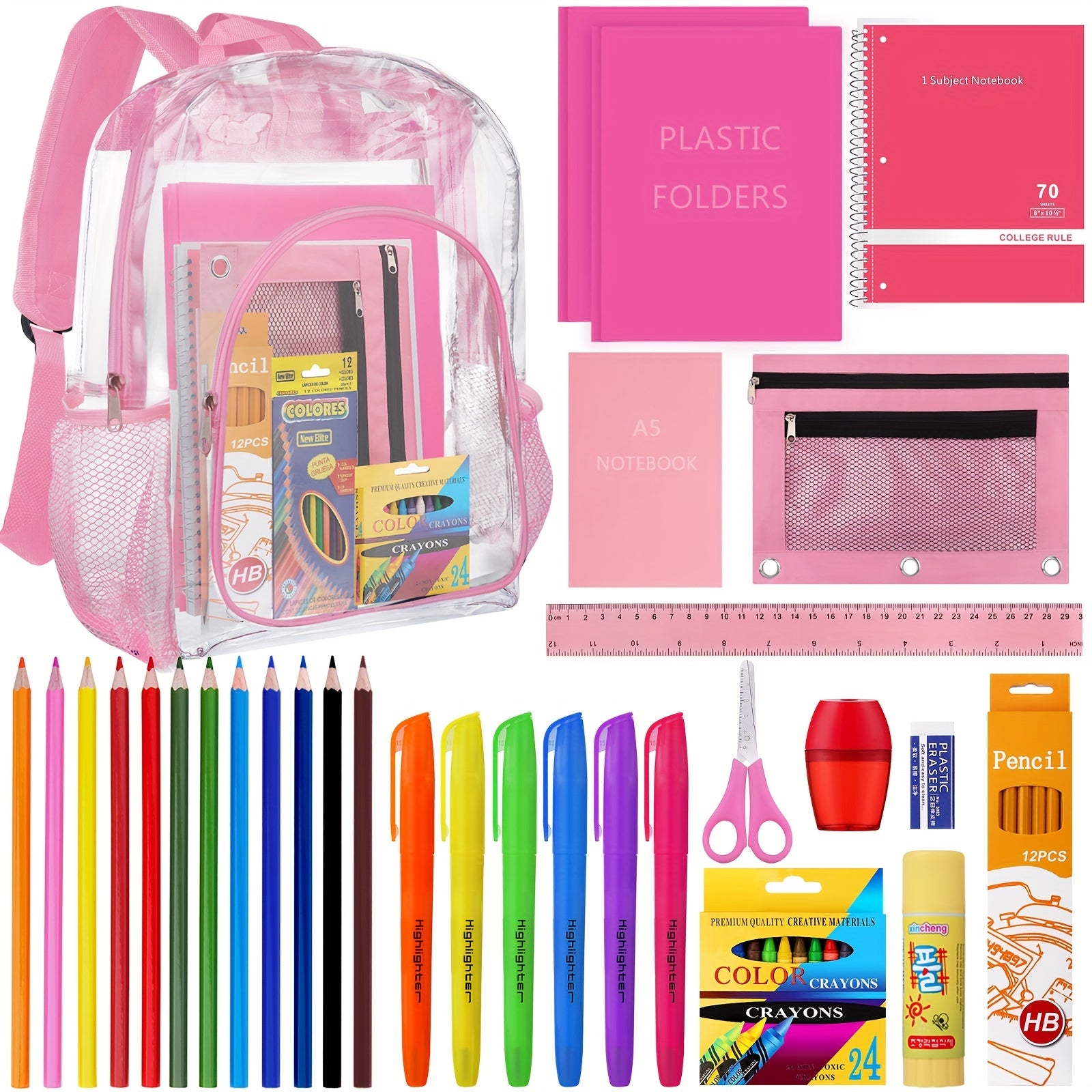 Back To School Supplies For Kids, Clear Backpack With 65 Piece School Supply Kit For Grades K-5 Boys And Girls, Bulk School Stationery Set For Classroom Elementary, Middle School Students (Pink)