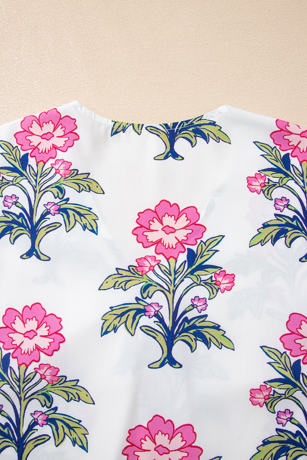 White Floral Print Knot Bubble Sleeve V Neck Blouse