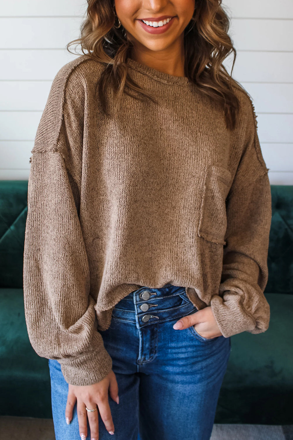 Dark Khaki Exposed Seam Pocket Pullover Knit Top