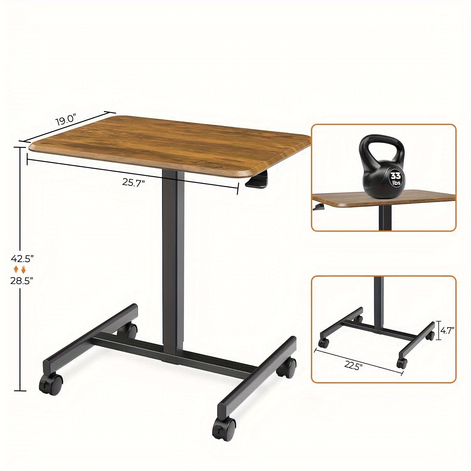 Small Mobile Rolling Standing Desk - Overbed Table, Teacher Podium with Wheels, Adjustable Work Table, Rolling Desk Laptop Computer Cart for Home, Office, Classroom