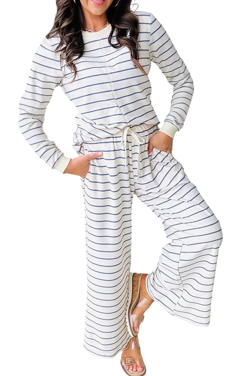 Sail Blue Striped Long Sleeve Pullover and Wide Leg Pants Set