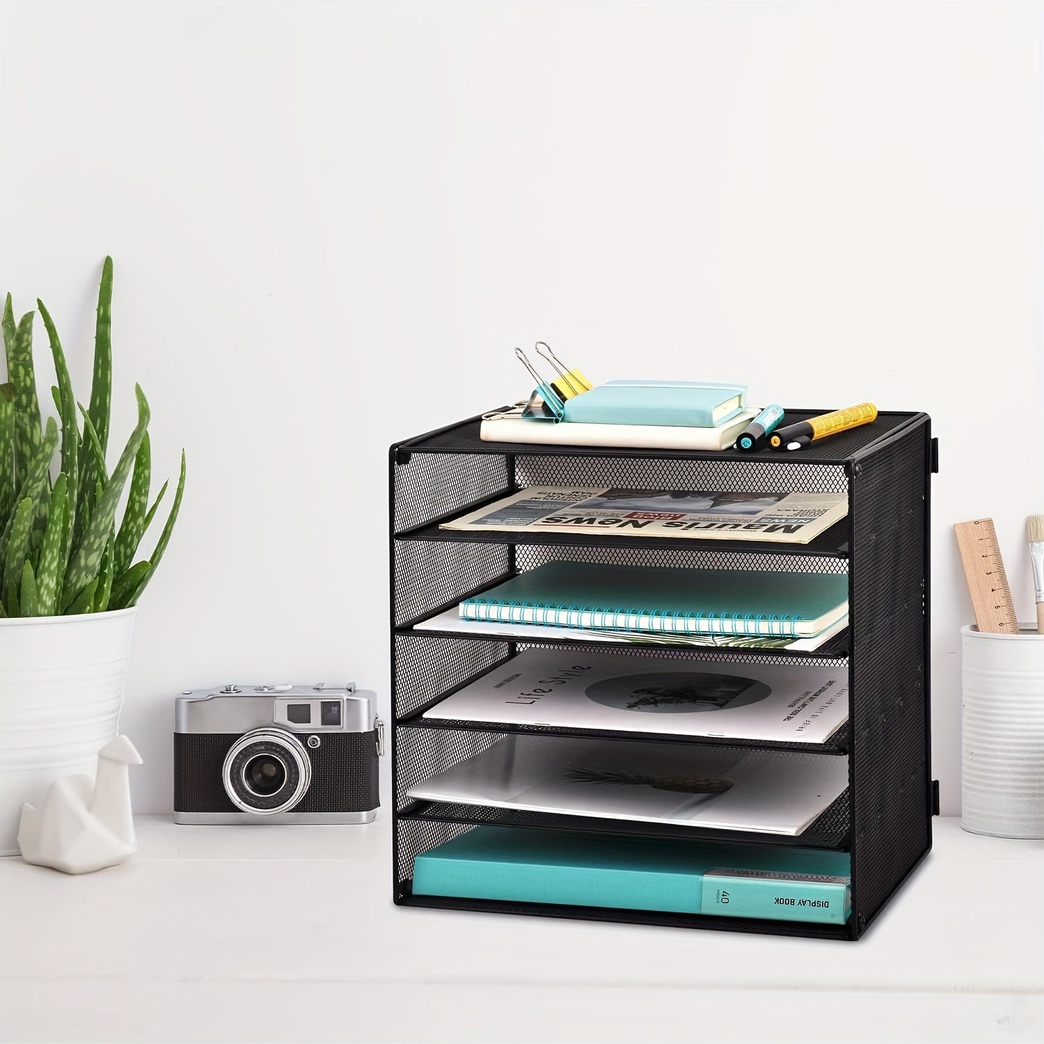 6-Tier Large Capacity Mesh Desk Organizer - File Sorters with Paper Letter Folder Holder, Desktop Paper Sorter, Mail Organization Rack, and Storage Accessories for Office, Home, School, and Classroom, in Black Color