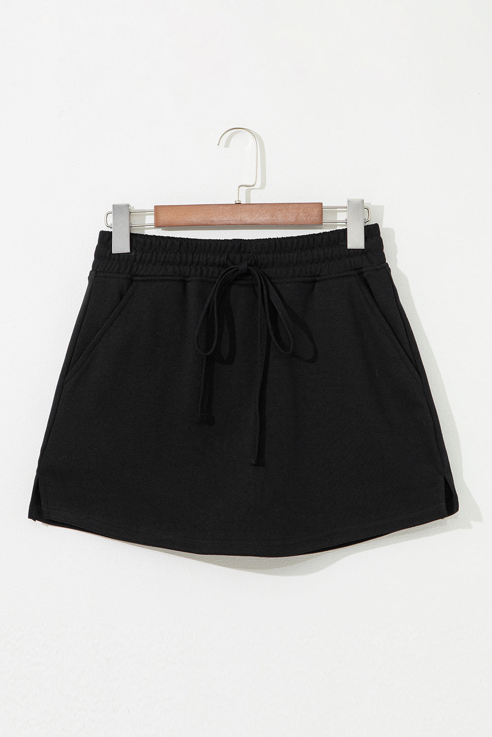 Black French Terry Drawstring Mini Skort with Pockets
