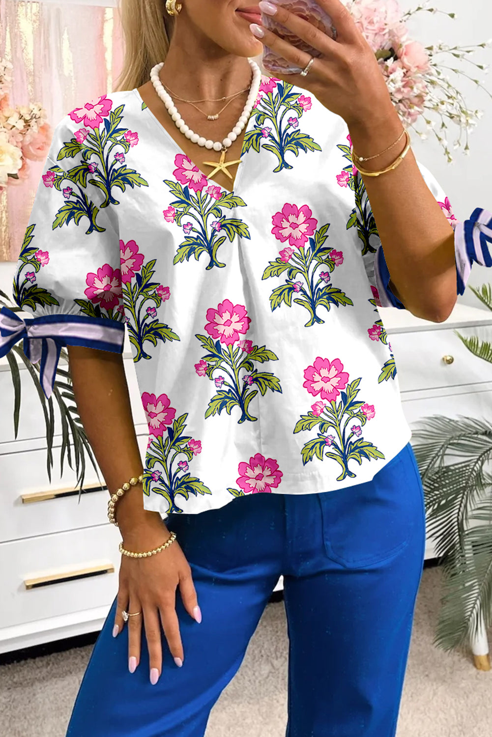 White Floral Print Knot Bubble Sleeve V Neck Blouse