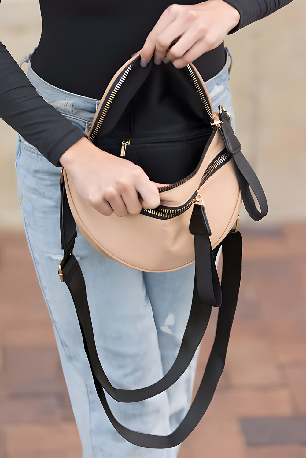 Parchment Wide Strap Zipper Crossbody Bag