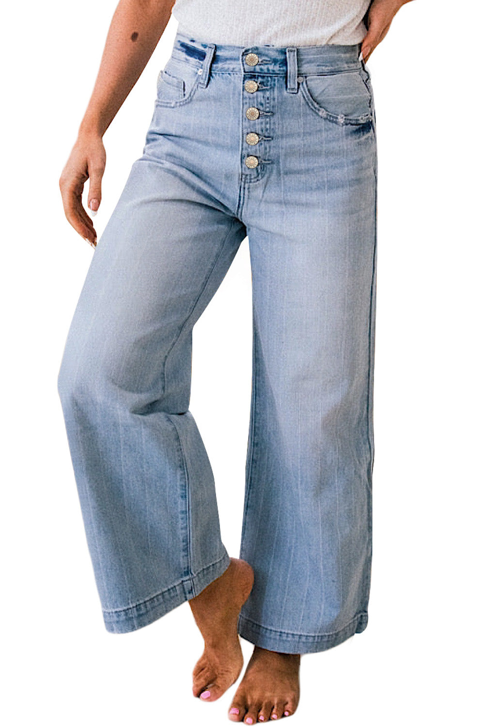 Beau Blue Multi Buttons Wide Leg Jeans