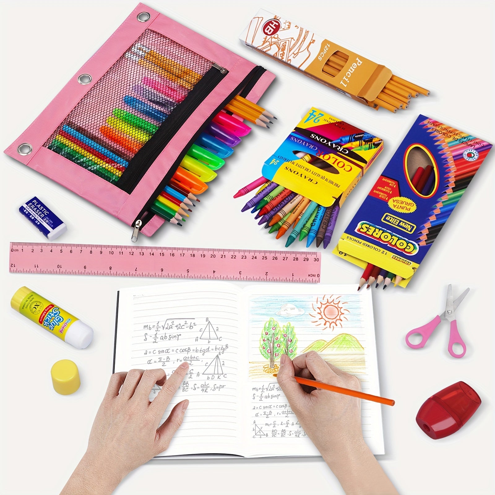 Back To School Supplies For Kids, Clear Backpack With 65 Piece School Supply Kit For Grades K-5 Boys And Girls, Bulk School Stationery Set For Classroom Elementary, Middle School Students (Pink)