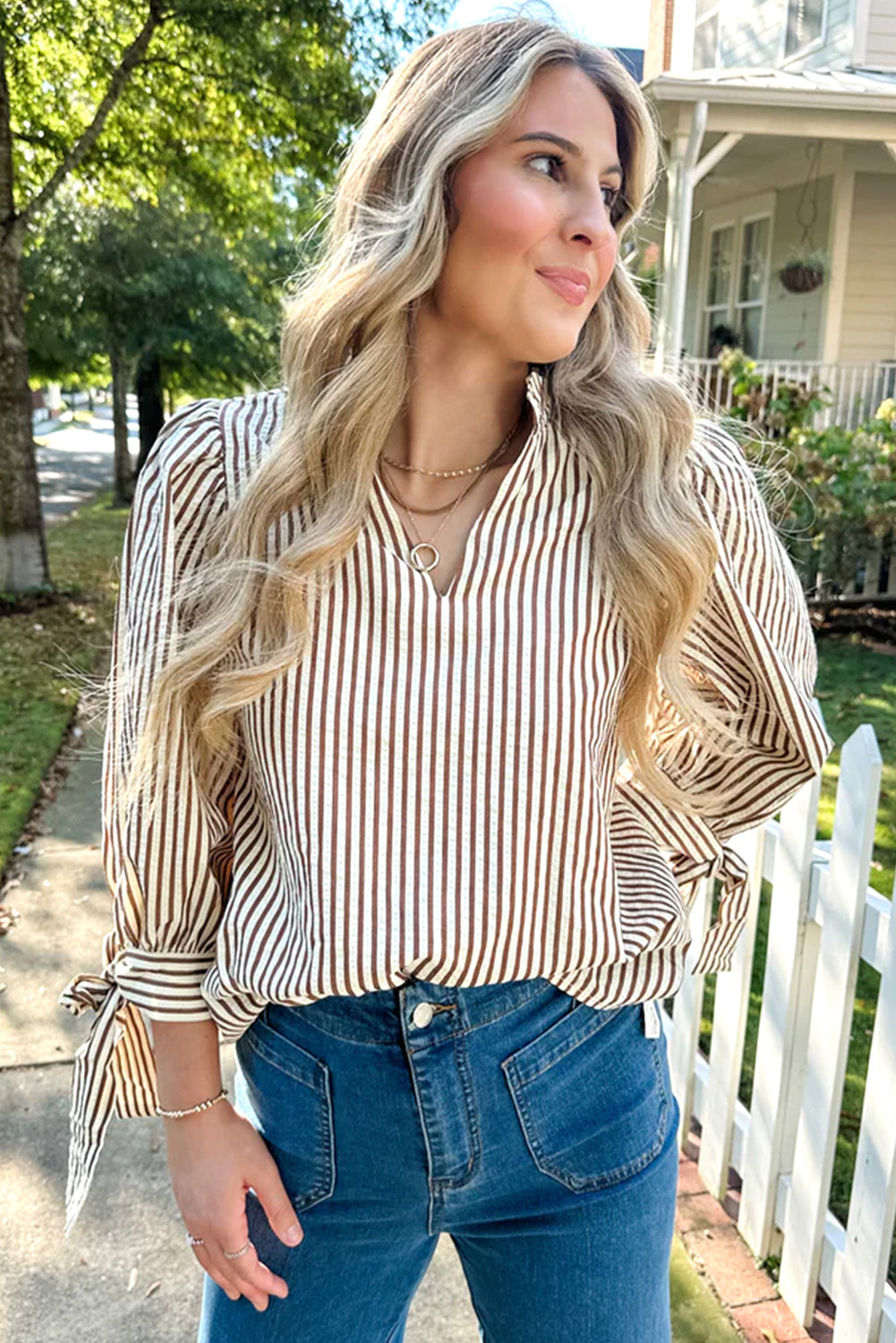Straw Yellow Striped Frill V Neck Knot Bracelet Sleeve Blouse