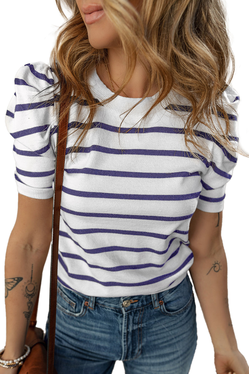 Blue Stripe Ribbed Trim Round Neck Bubble Sleeve Knitted Top