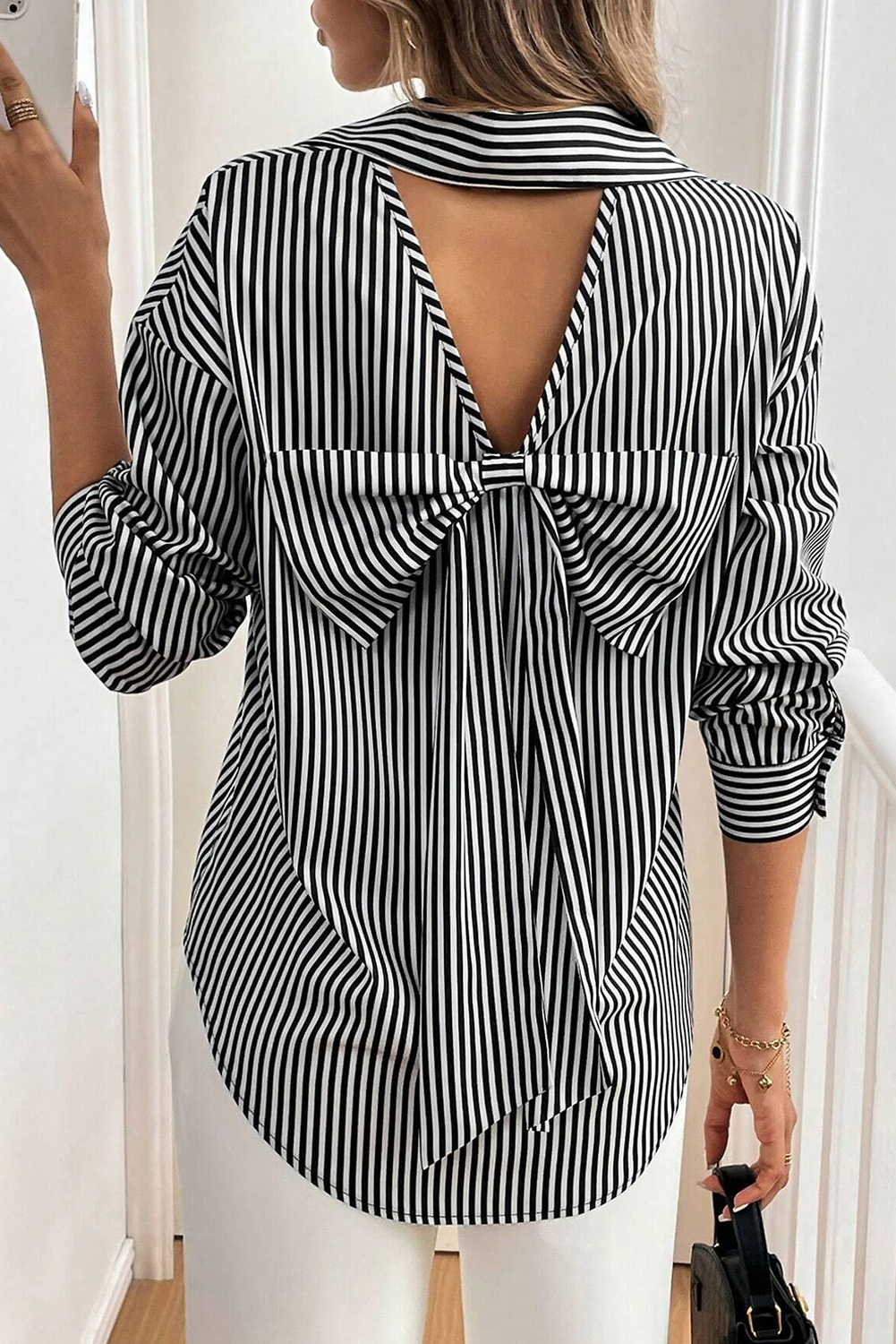 Black White Striped Button Down Bow Back Long Sleeve Shirt