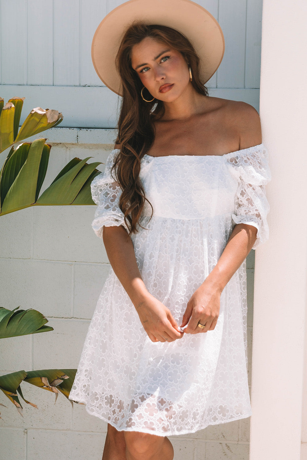 White Floral Lace Puff Sleeve Empire Waist Mini Dress