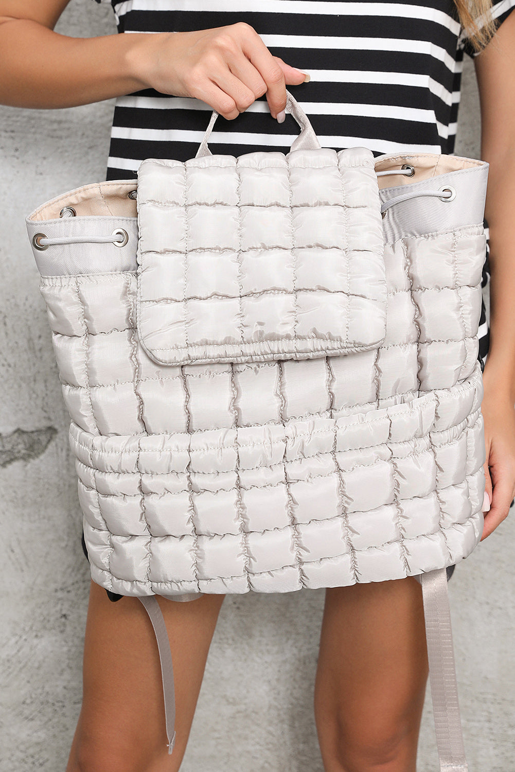 Medium Grey Solid Flapped Quilted Puffer Backpack
