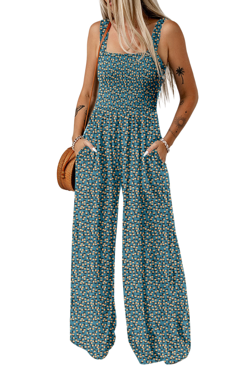 Green Floral Square Neckline Stretch High Waist Jumpsuit