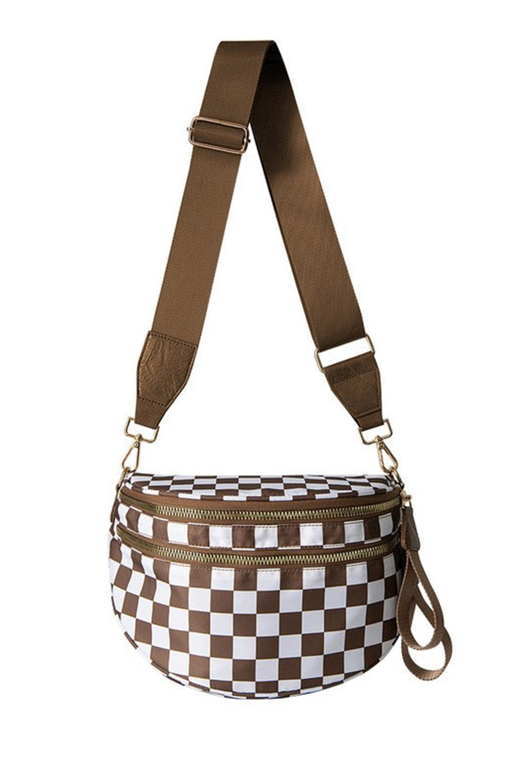 Chestnut Checkered Print Wide Strap Large Crossbody Bag