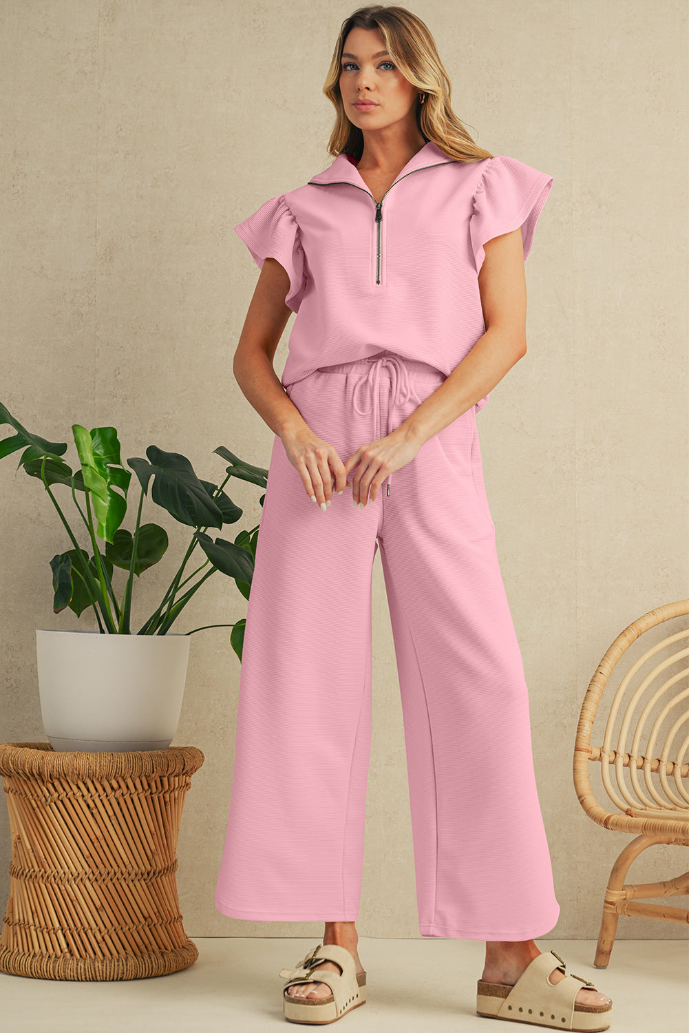 Pink Textured Ruffle Sleeve Zipped Top and Wide Leg Pants Set