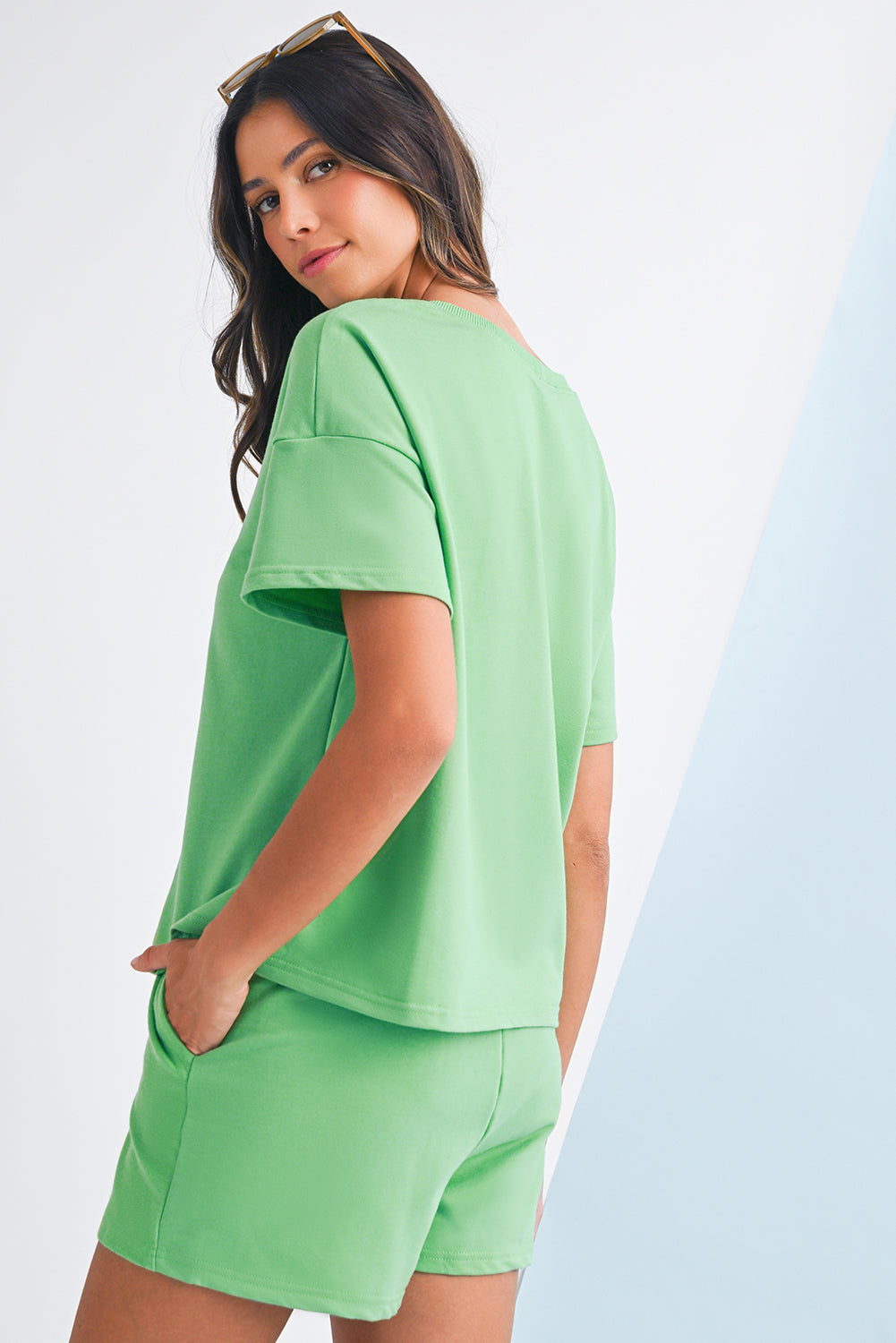 Mint Green V Neck Drop Shoulder Tee and Patchwork Shorts Set